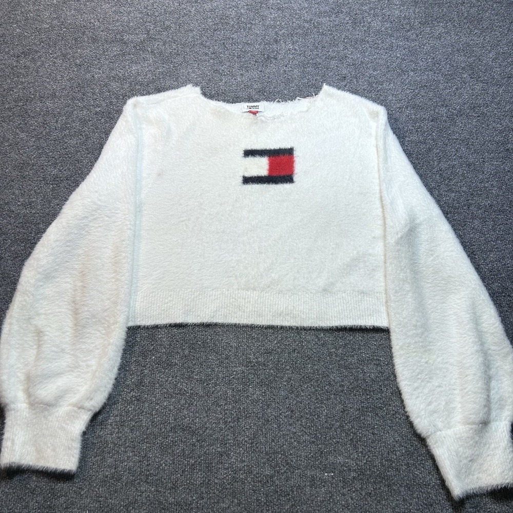 Tommy Jeans White Fuzzy Sweater - Size XL Cropped/Cut Neck Y2K Preppy